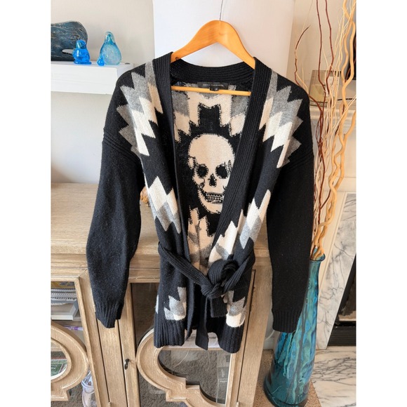 Skull Cashmere Sweaters - Skull Cashmere Belted Cardigan Womens Black Small Wool Blend Skull Back‎ Sweater
